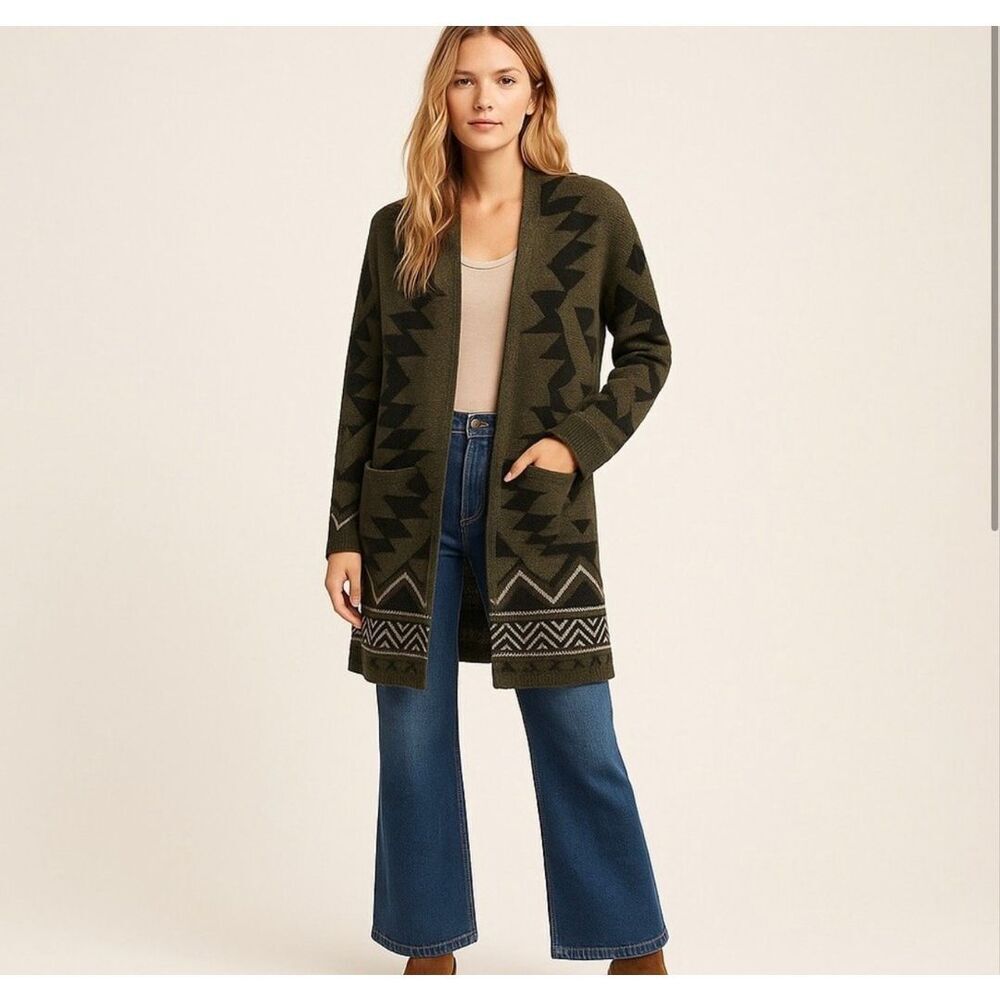 Frye Open Front Long Cardigan Sweater Olive Green Country Western Medium